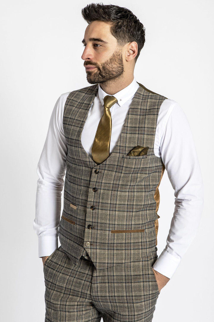 Enzo Tan Check Tweed Waistcoat