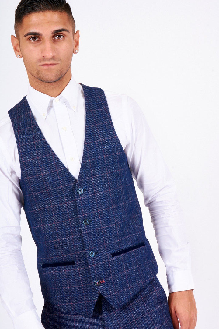 Harry Indigo Check Tweed Single Breasted Waistcoat