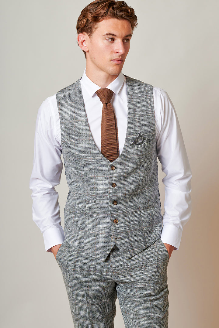 Kris Silver Grey Check Tweed Single Breasted Waistcoat