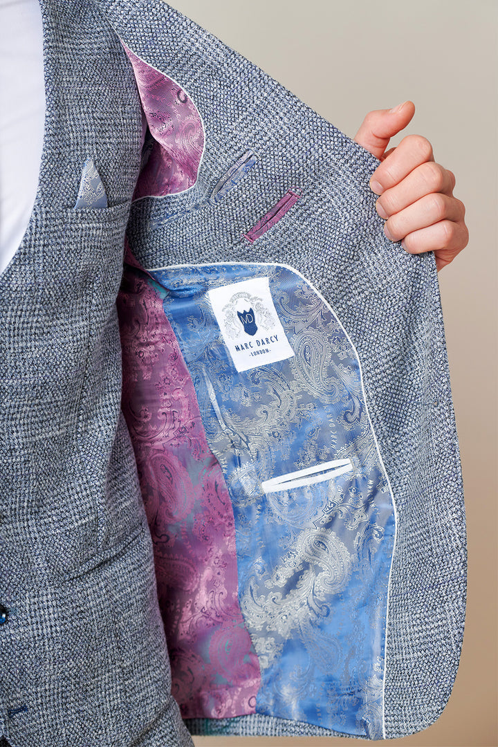 Kris Sky Blue Check Tweed Single Breasted Waistcoat