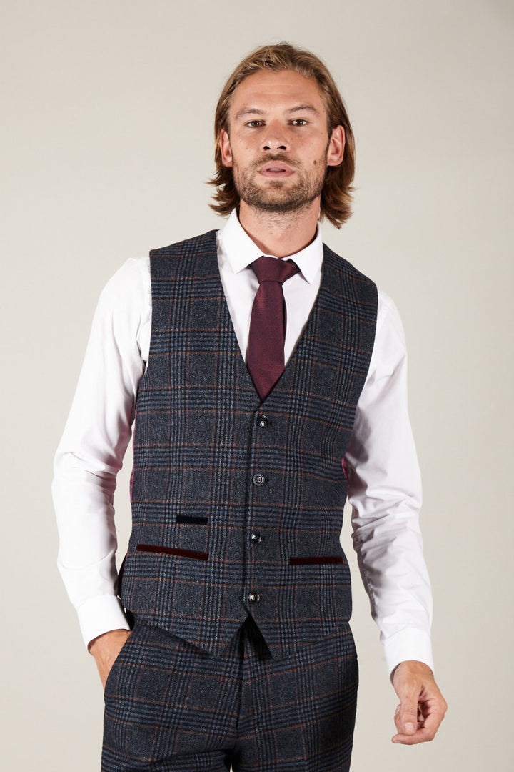 Luca Navy Tweed Check Waistcoat