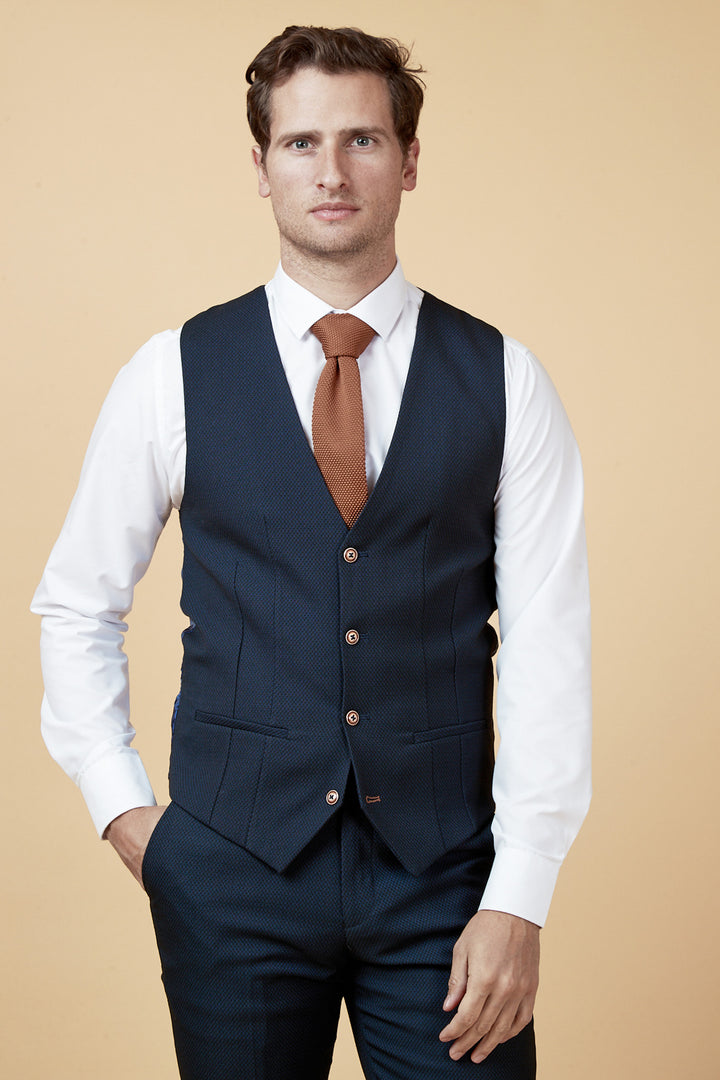Max Navy Diamond Print Single Breasted Waistcoat