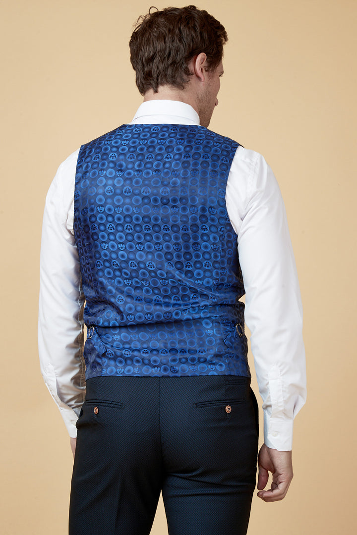 Max Navy Diamond Print Single Breasted Waistcoat