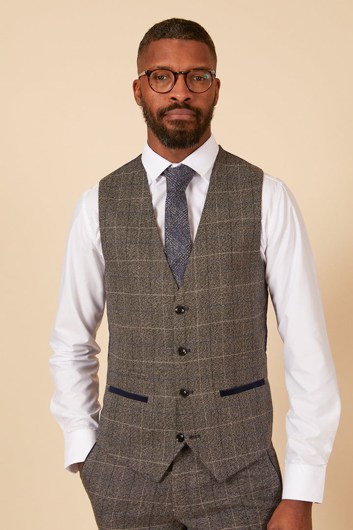Scott Grey Tweed Check Single Breasted Waistcoat