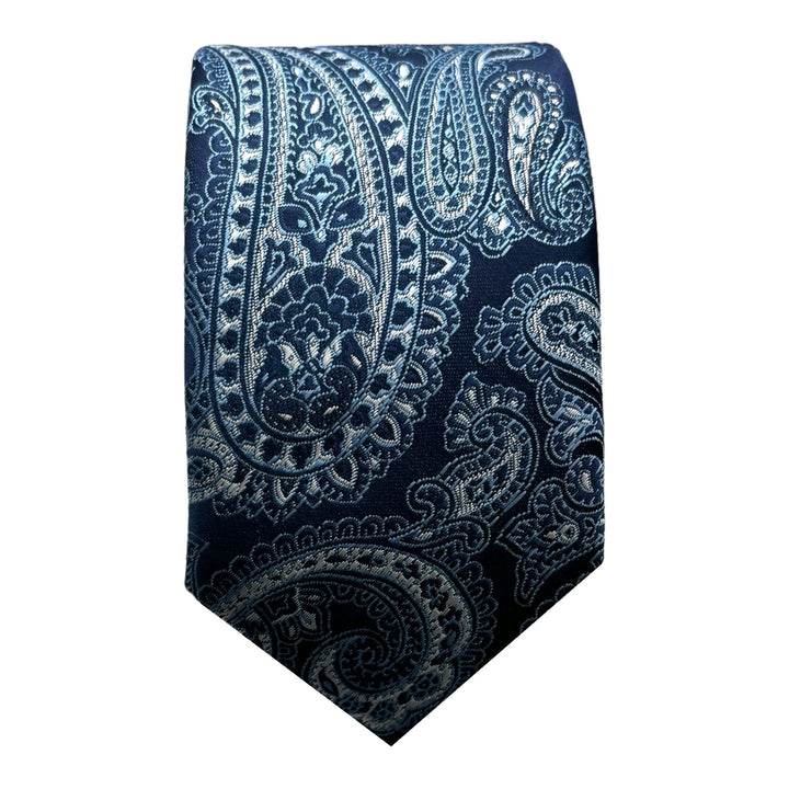 Navy Skinny Silver Paisley Tie and Pocket Square