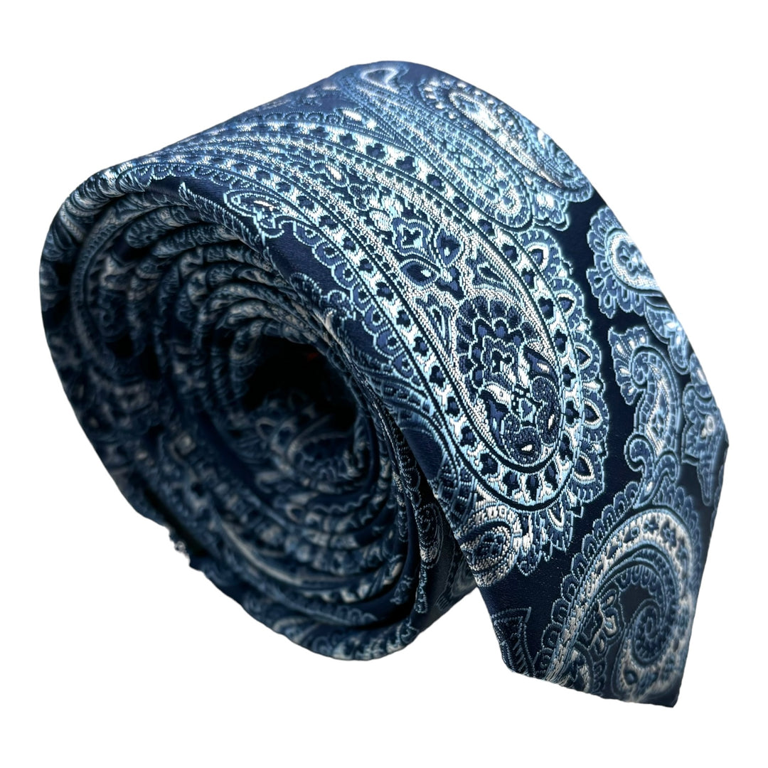 Navy Skinny Silver Paisley Tie and Pocket Square