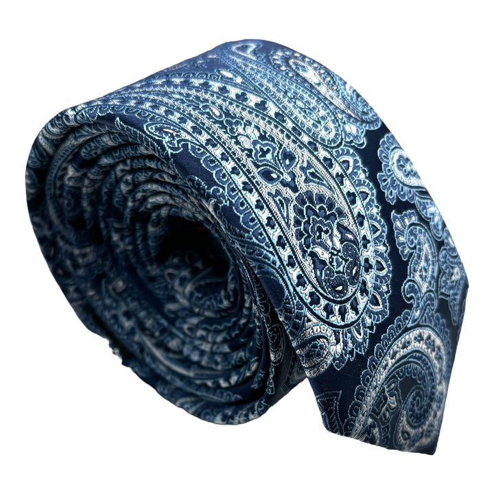 Navy Skinny Silver Paisley Tie and Pocket Square