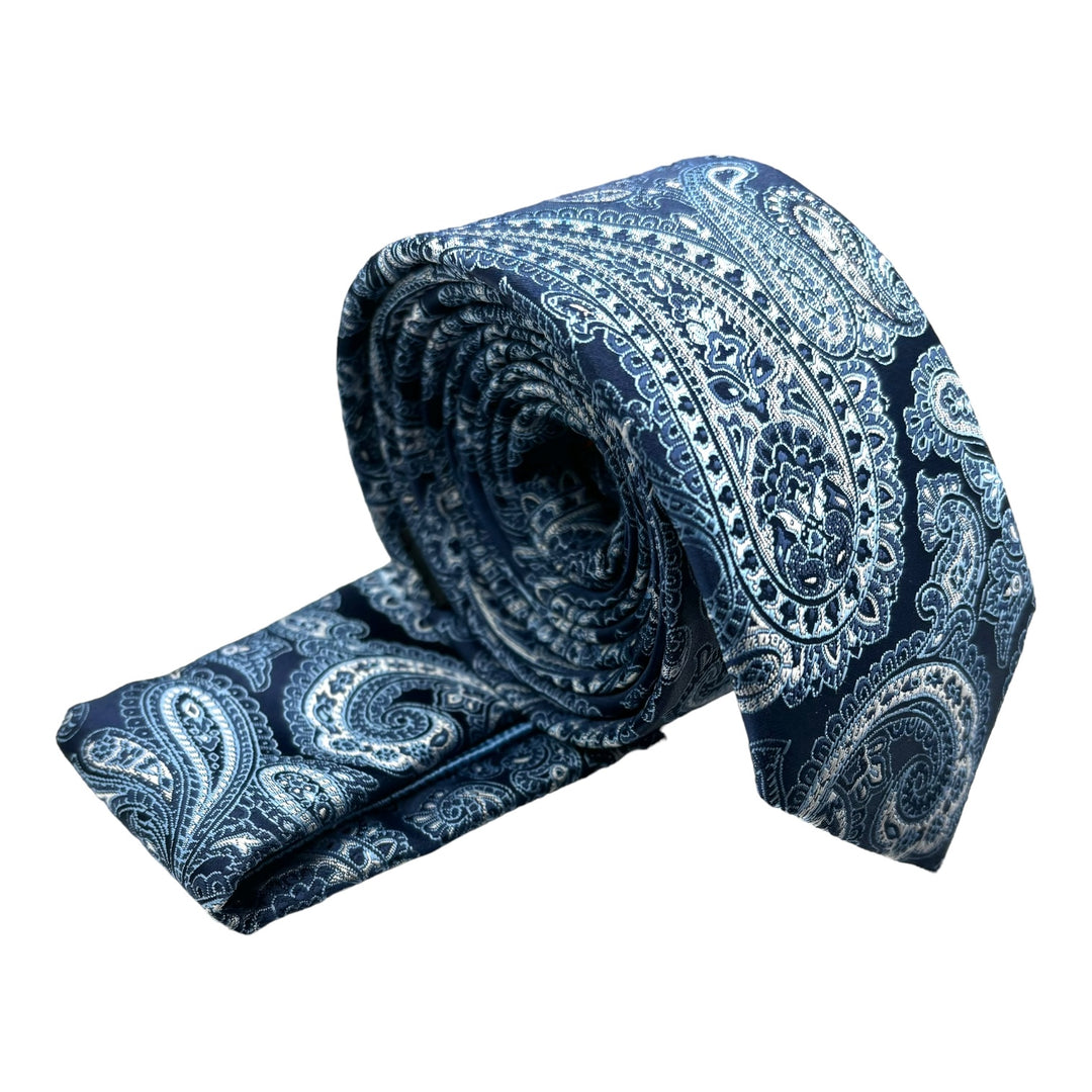 Navy Skinny Silver Paisley Tie and Pocket Square