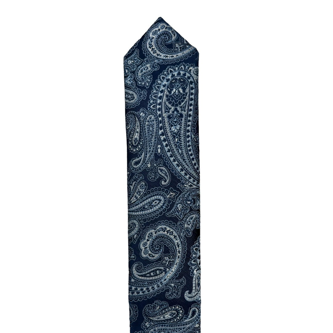 Navy Skinny Silver Paisley Tie and Pocket Square