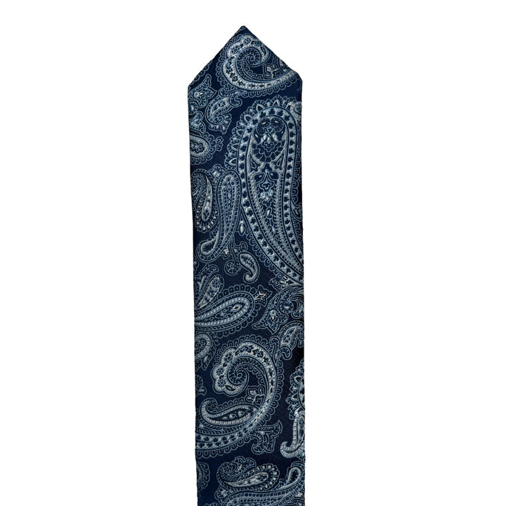 Navy Skinny Silver Paisley Tie and Pocket Square