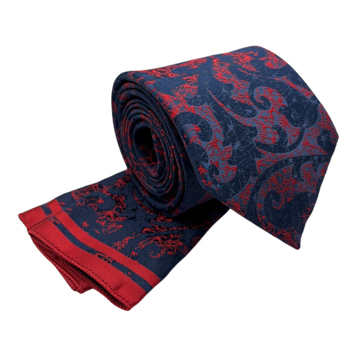 Red Floral Dark Navy Tie and Pocket Square