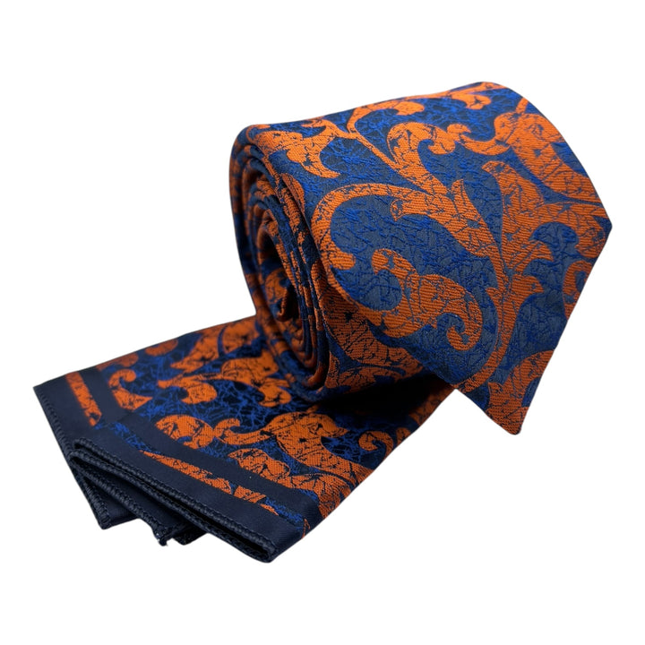 Orange Floral Navy Tie and Pocket Square