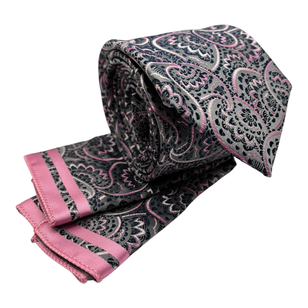 Pink Paisley Silver Tie and Pocket Square
