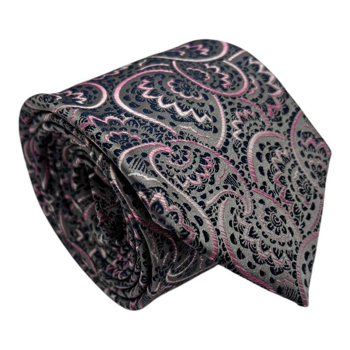 Pink Paisley Silver Tie and Pocket Square
