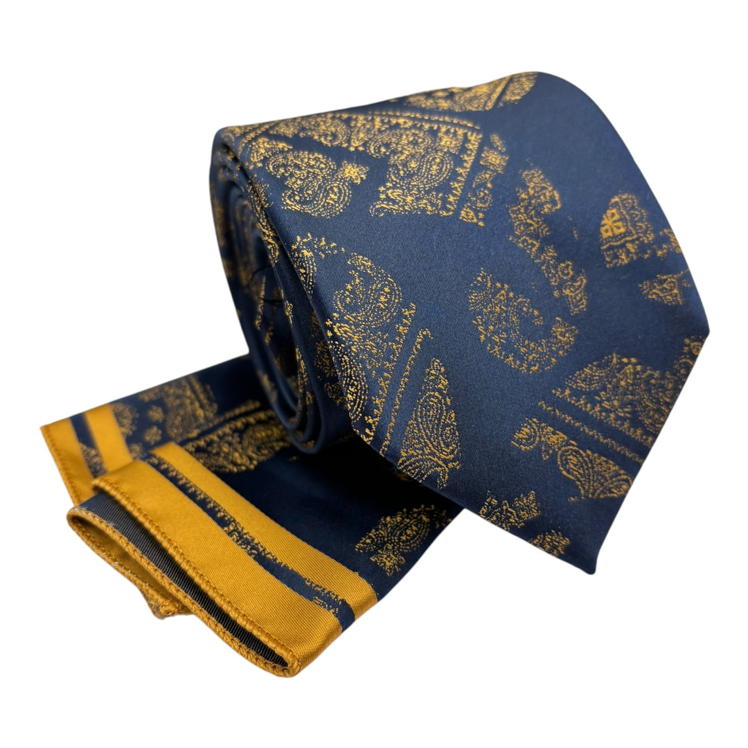 Icon Gold Paisley Navy Tie and Pocket Square
