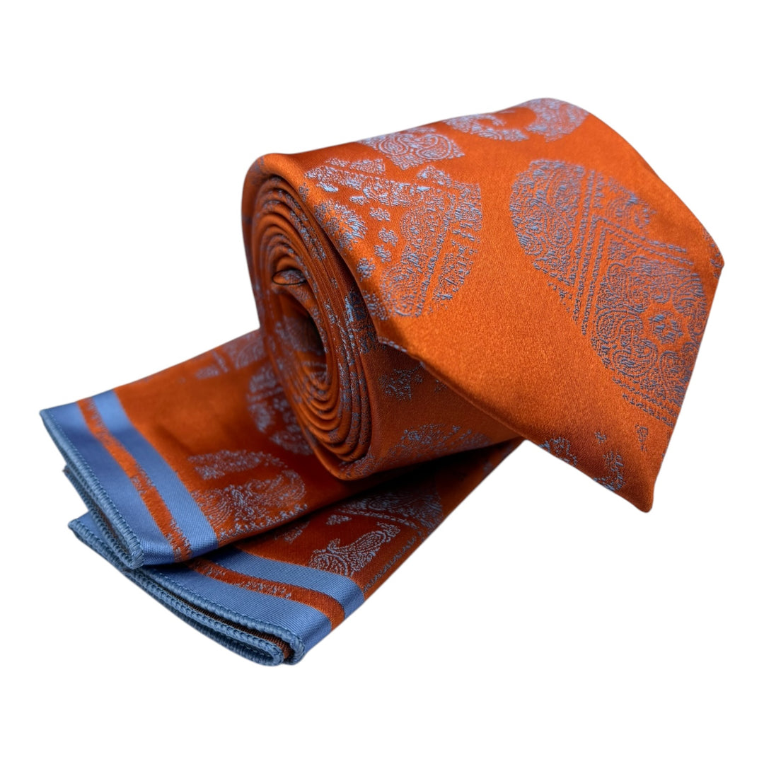 Icon Sky Blue Paisley Orange Tie and Pocket Square
