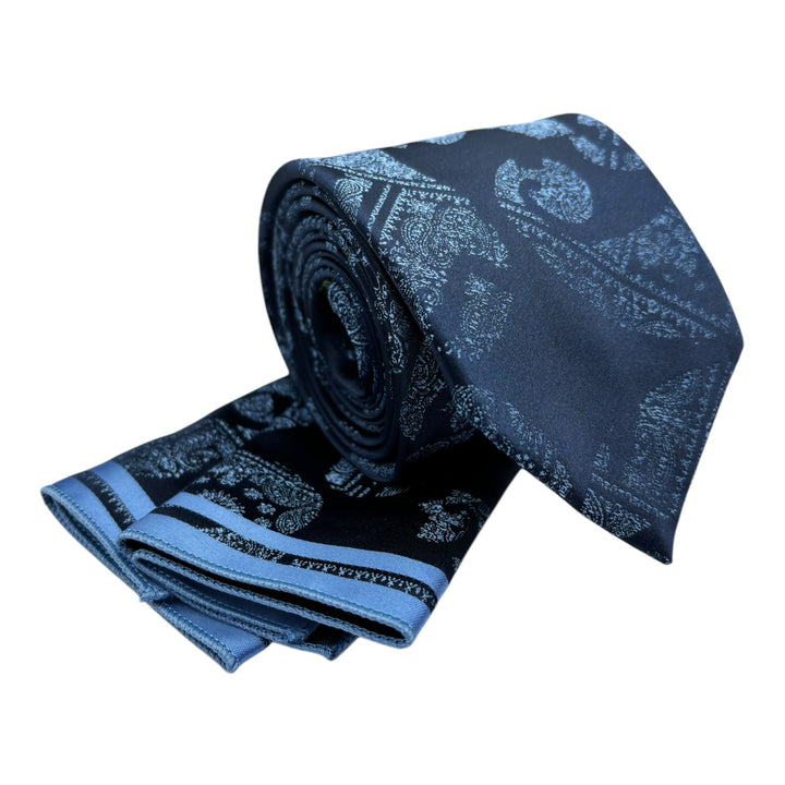 Icon Sky Blue Paisley Navy Tie and Pocket Square