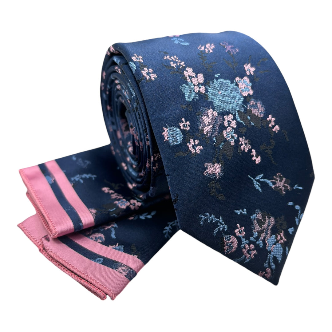 Blush Pink Floral Navy Tie & Pocket Square