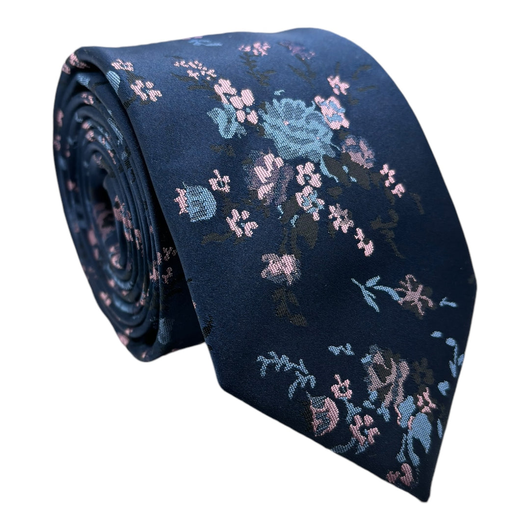 Blush Pink Floral Navy Tie & Pocket Square