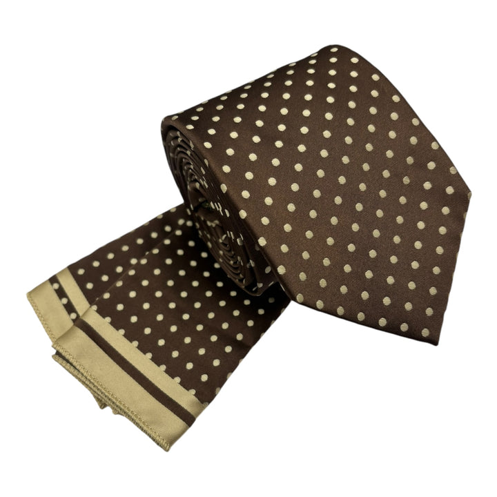 Brown Satin Gold Polka Dot Tie and Pocket Square