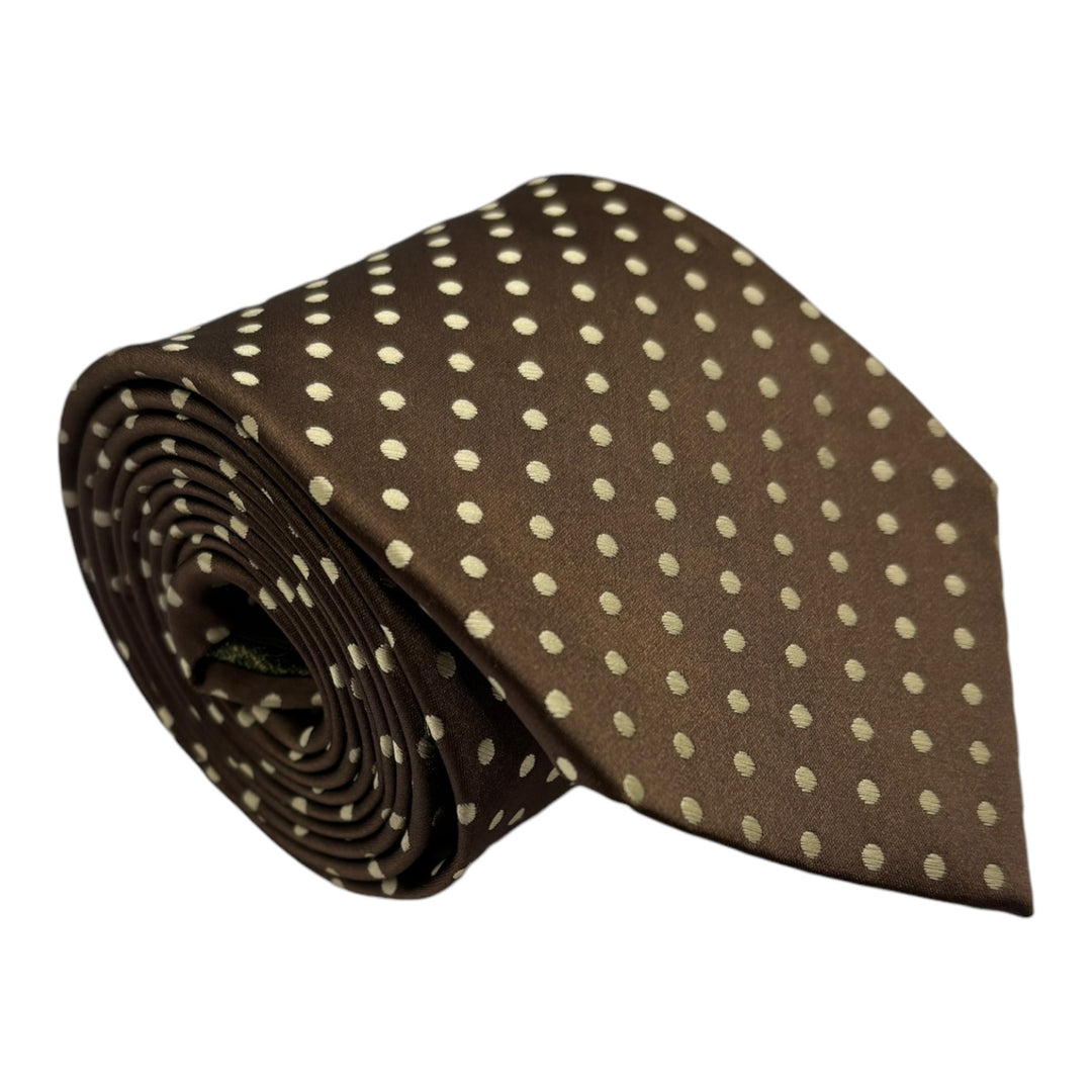Brown Satin Gold Polka Dot Tie and Pocket Square