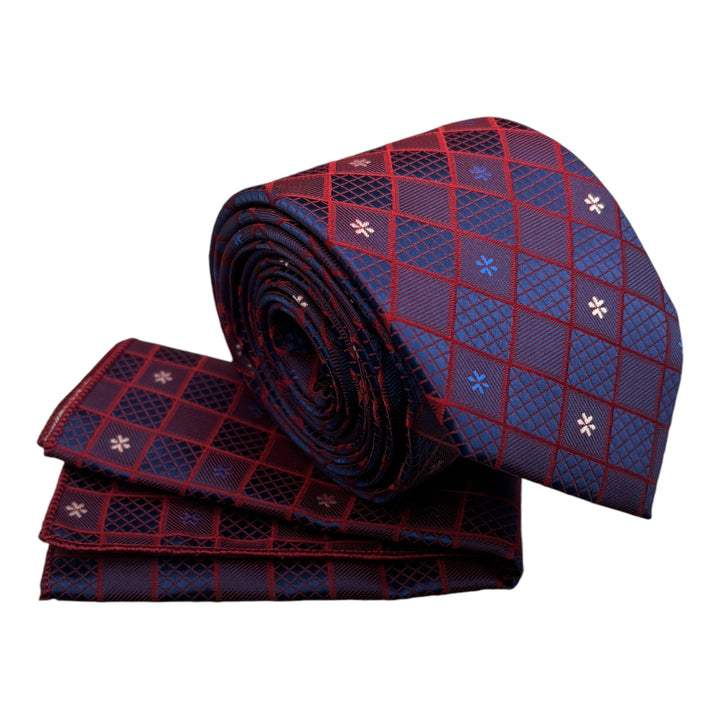 Navy Red Diamond Textured Tie & Pocket Square