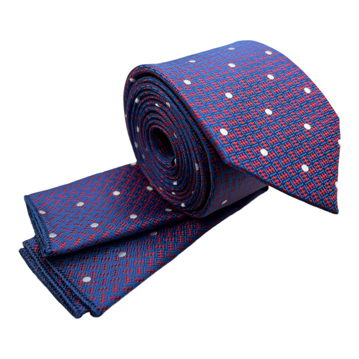 Blue Red Geometric Dotted Tie & Pocket Square