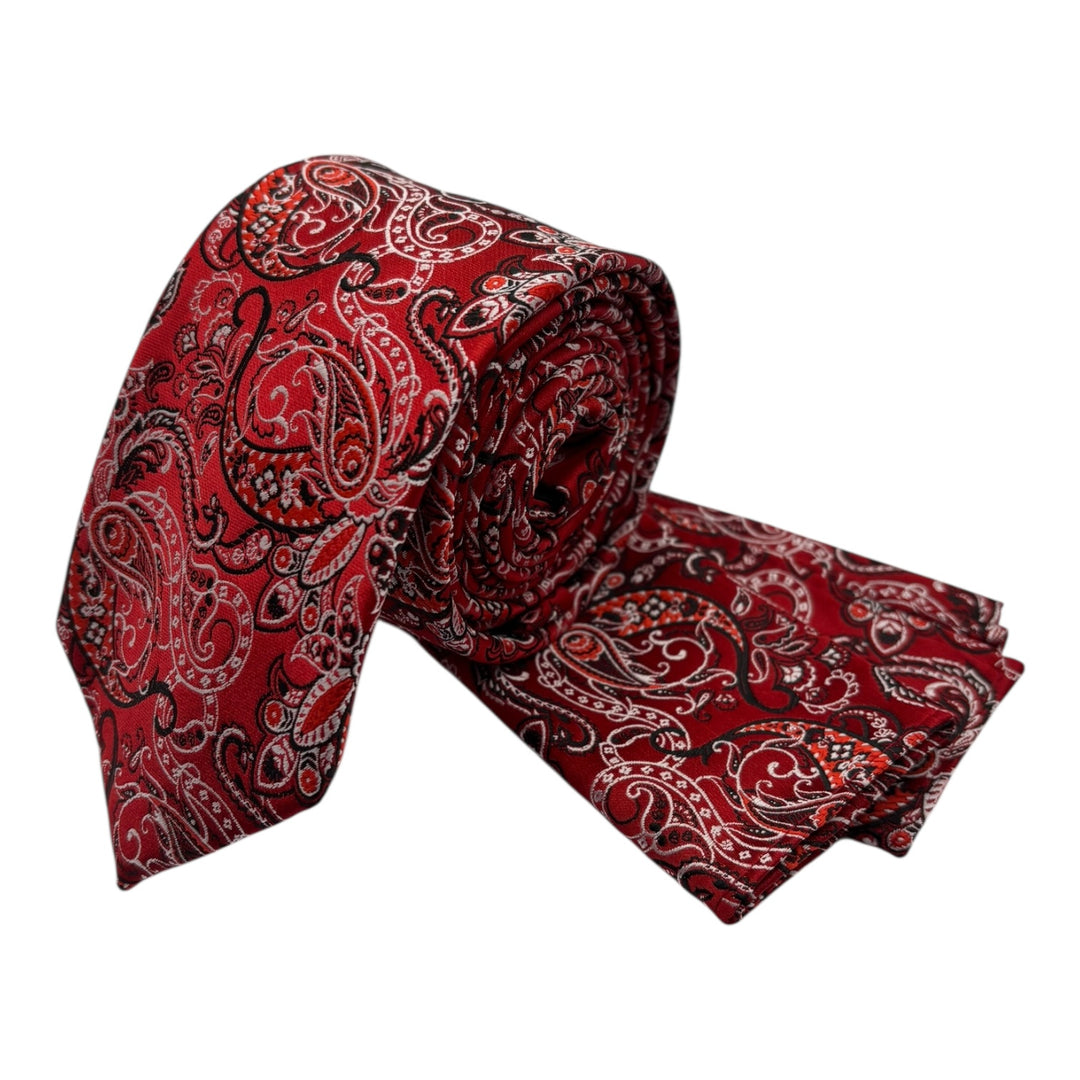 Paisley Red Silver Tie and Pocket Square