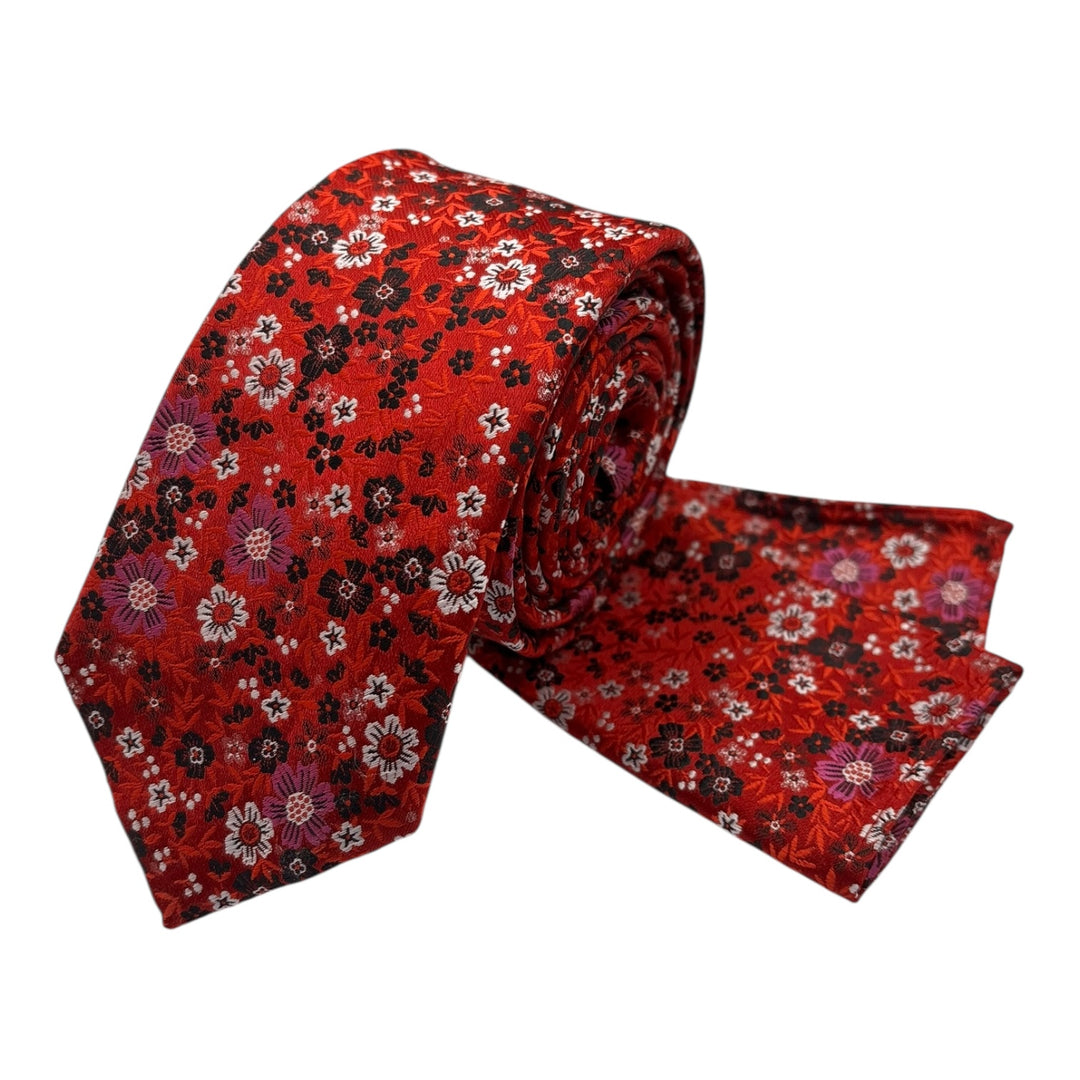 Floral Red Tie and Pocket Square