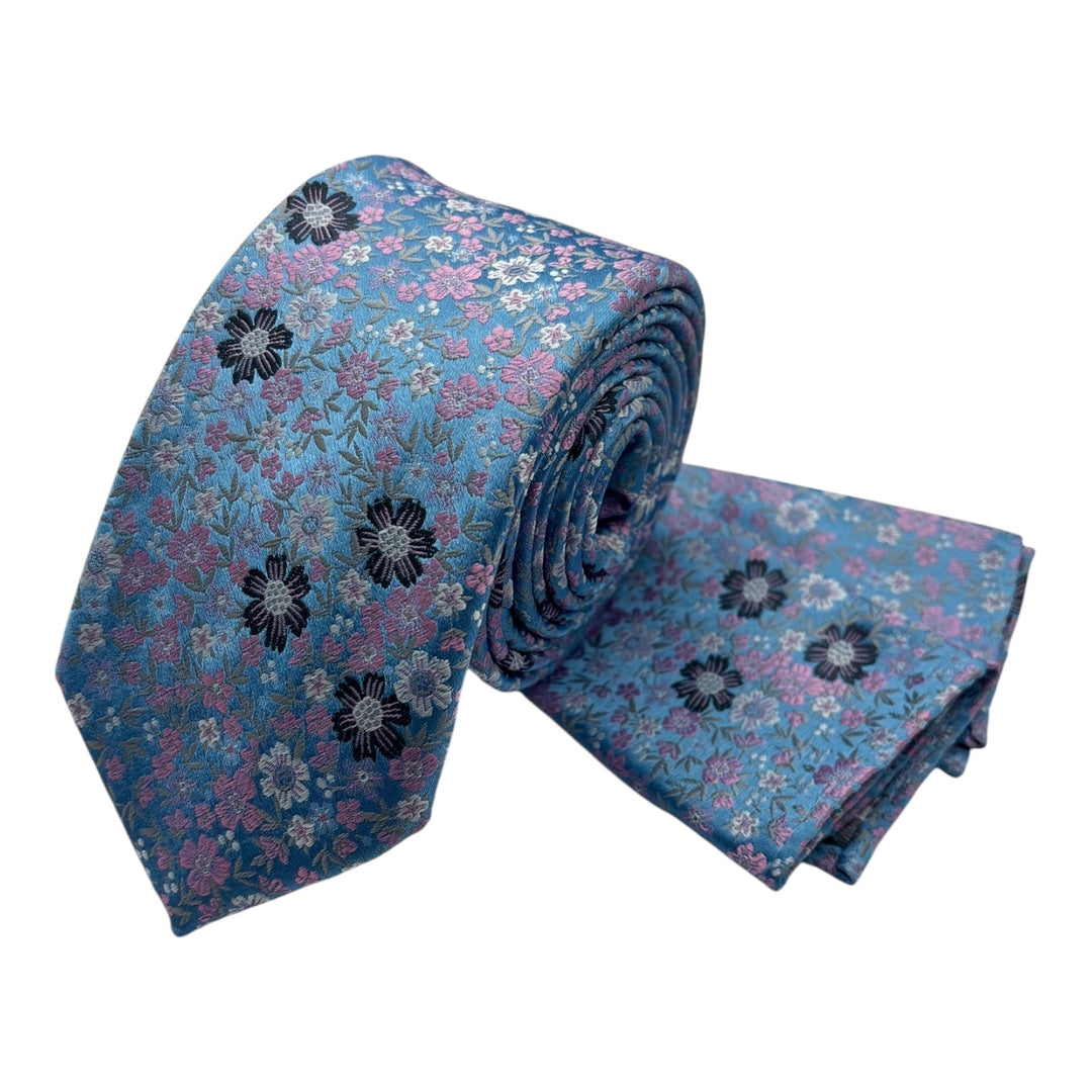 Floral Sky Blue Pink Tie and Pocket Square