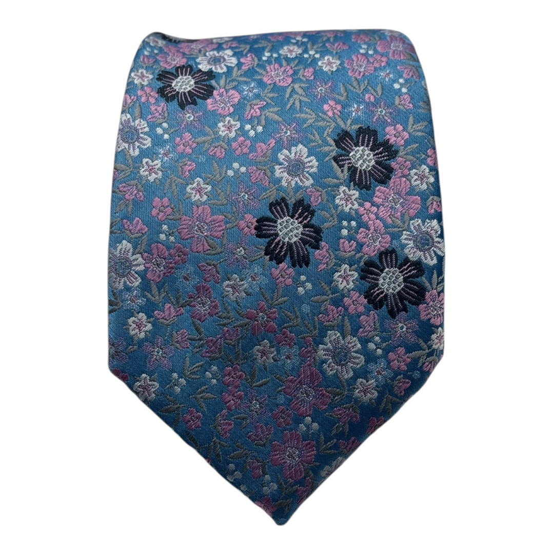 Floral Sky Blue Pink Tie and Pocket Square