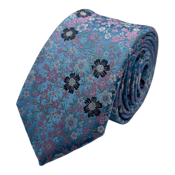 Floral Sky Blue Pink Tie and Pocket Square