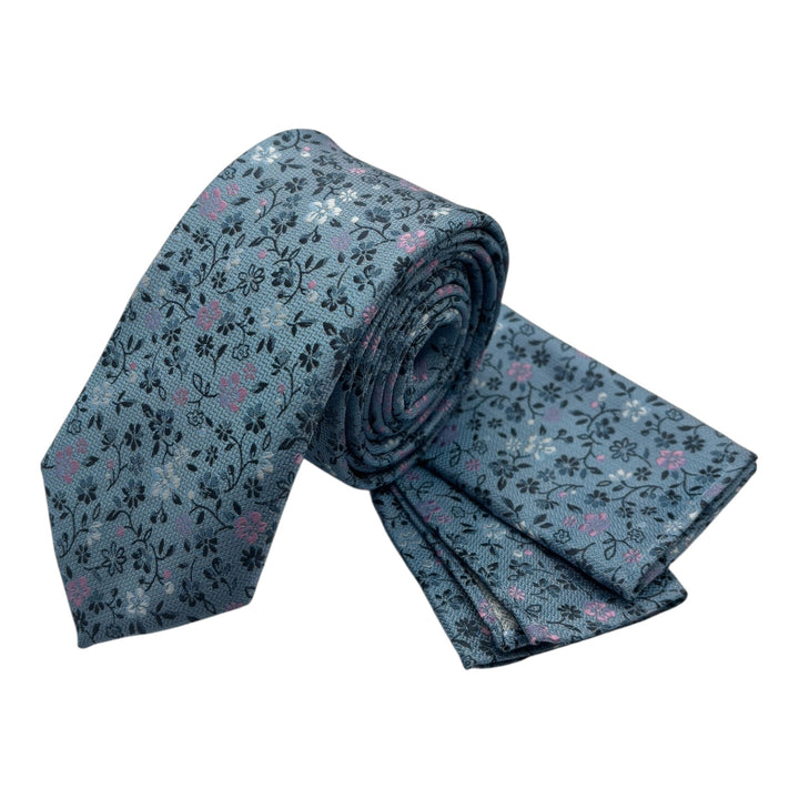 Floral Blue Pink Tie and Pocket Square
