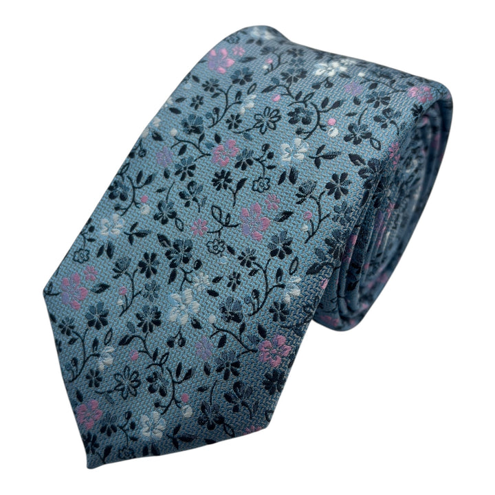 Floral Blue Pink Tie and Pocket Square