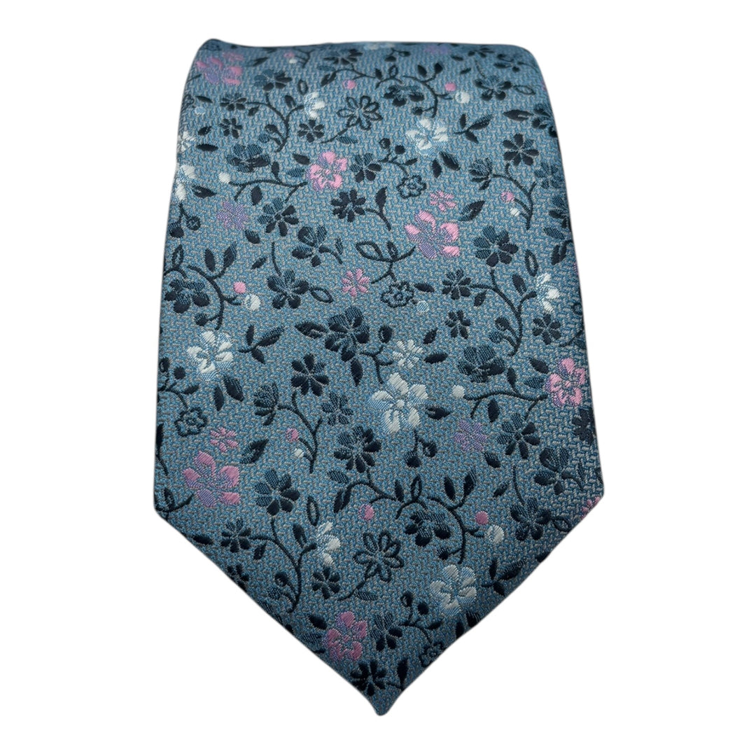 Floral Blue Pink Tie and Pocket Square