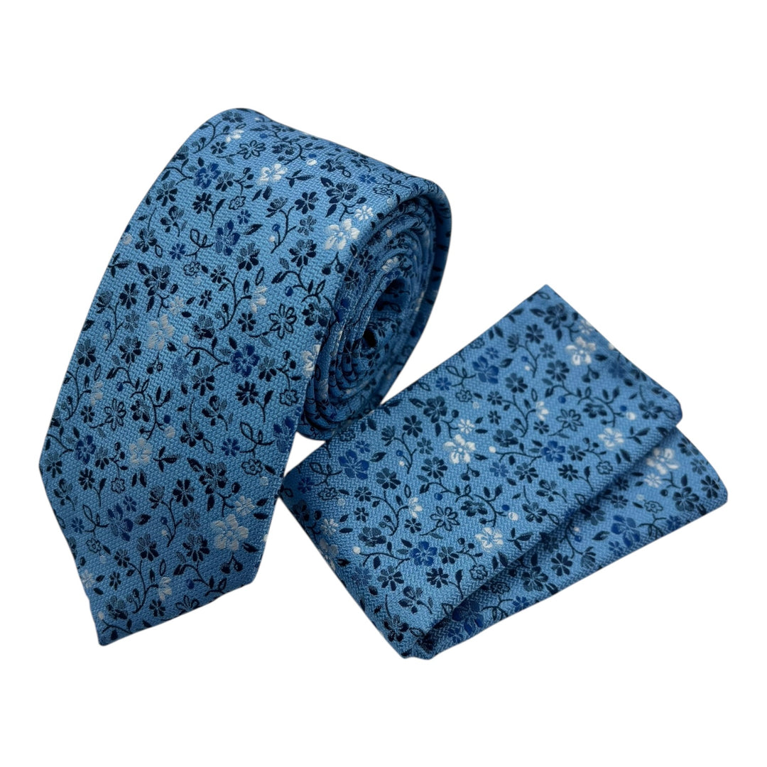 Floral Blue Tie and Pocket Square