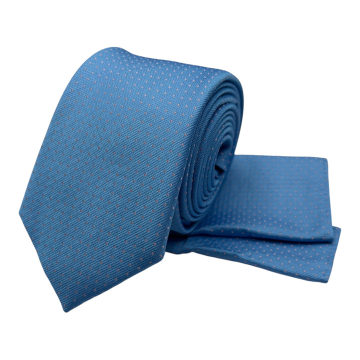 Sky Blue Pink Mini Square Polka Dot Tie and Pocket Square