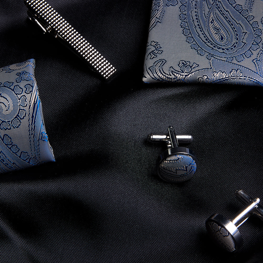Silver Blue Paisley Tie Set
