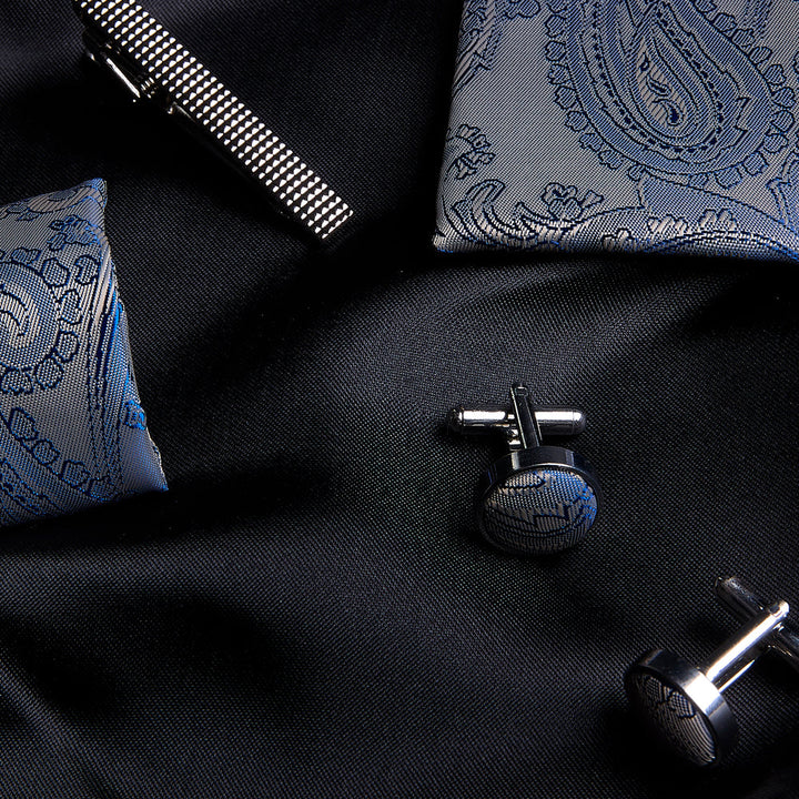 Silver Blue Paisley Tie Set