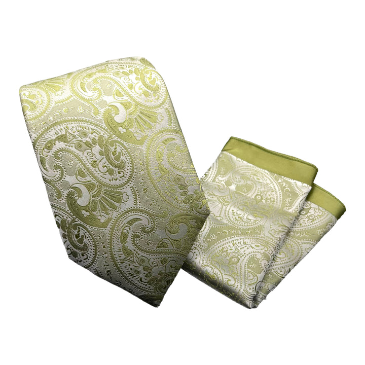 Lime Green Paisley Pattern Tie and Pocket Square