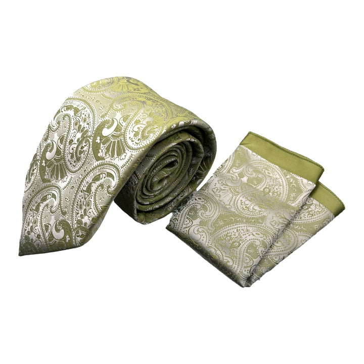 Lime Green Paisley Pattern Tie and Pocket Square