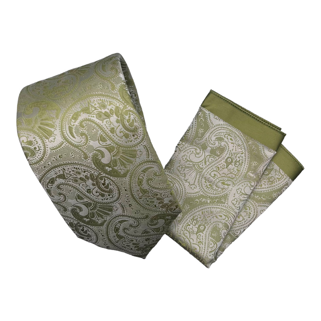 Lime Green Paisley Pattern Tie and Pocket Square