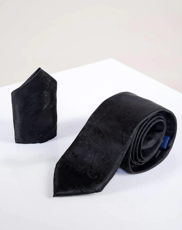 MD Black Paisley Tie & Pocket Square Set