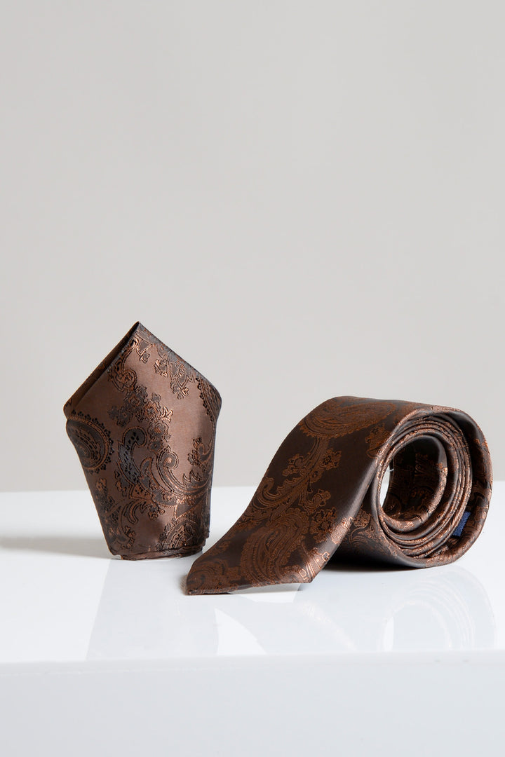 Brown Paisley Tie and Pocket Square Set