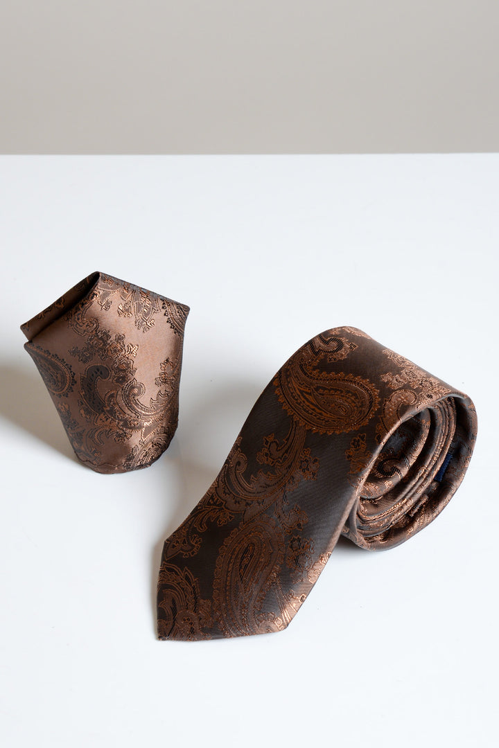 Brown Paisley Tie and Pocket Square Set