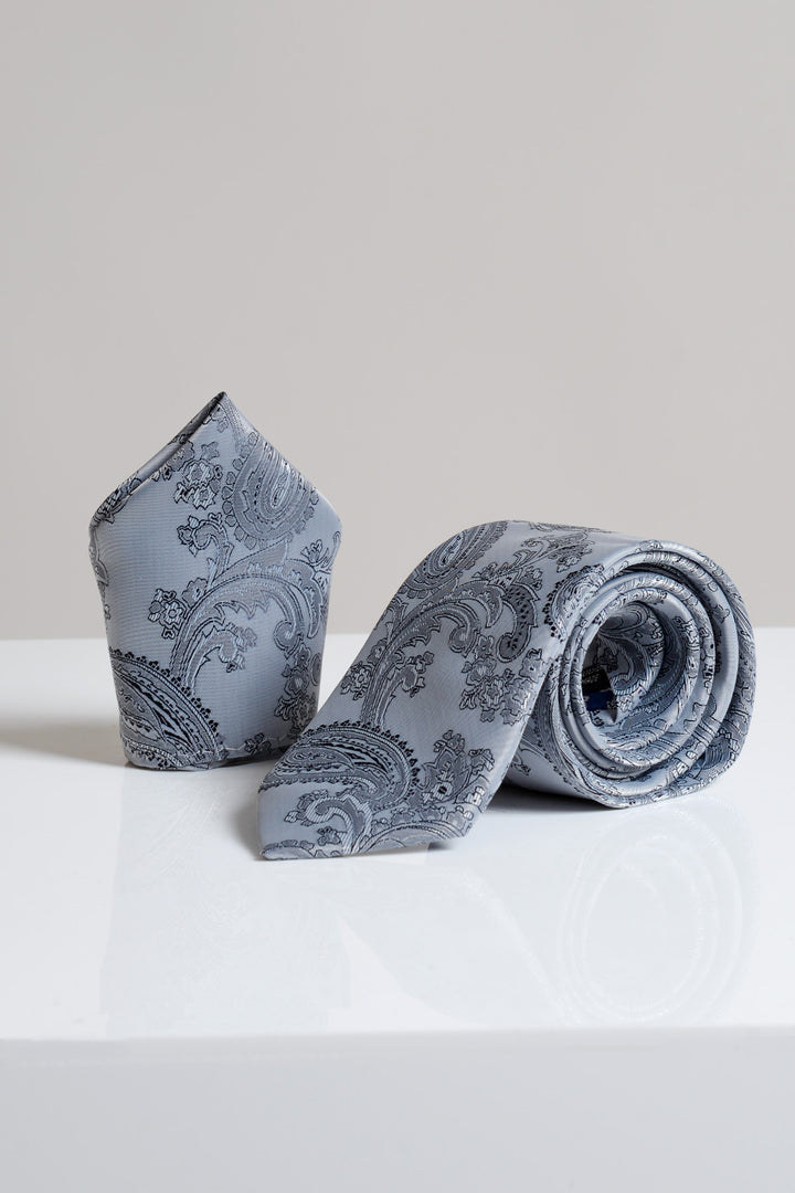 Grey Paisley Tie and Pocket Square Set