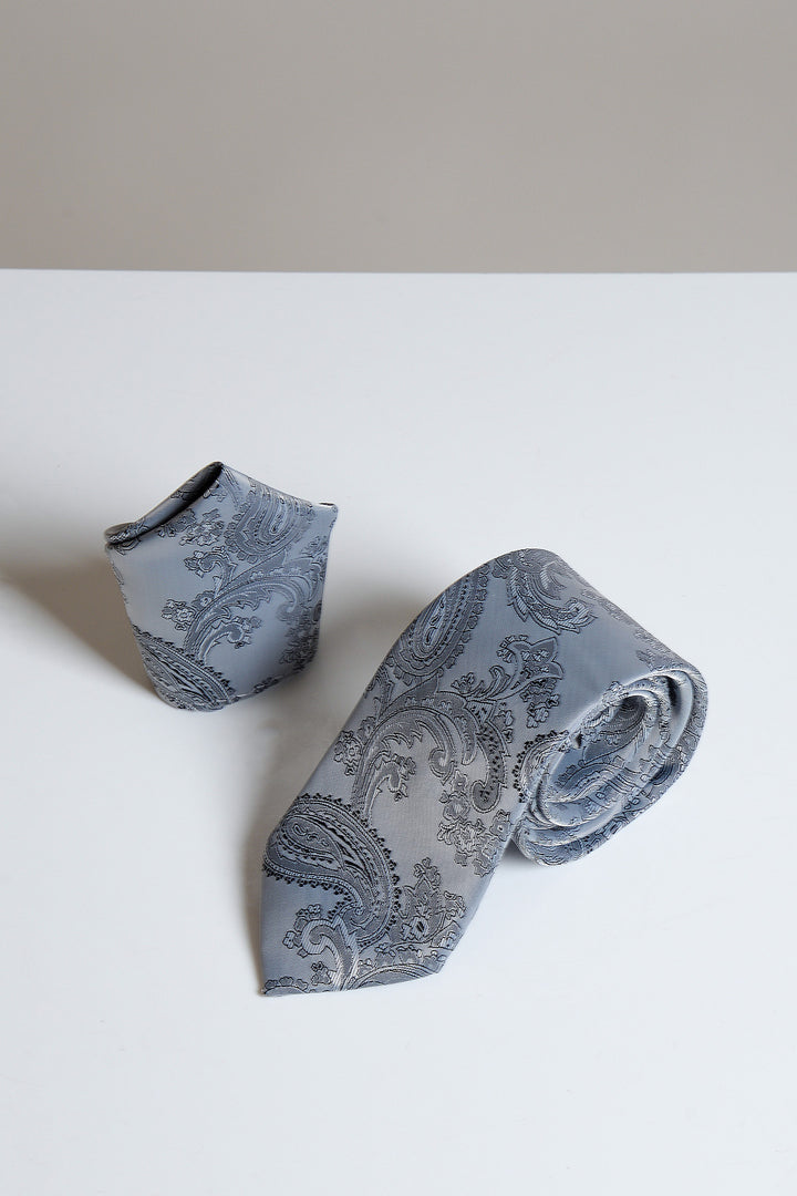 Grey Paisley Tie and Pocket Square Set