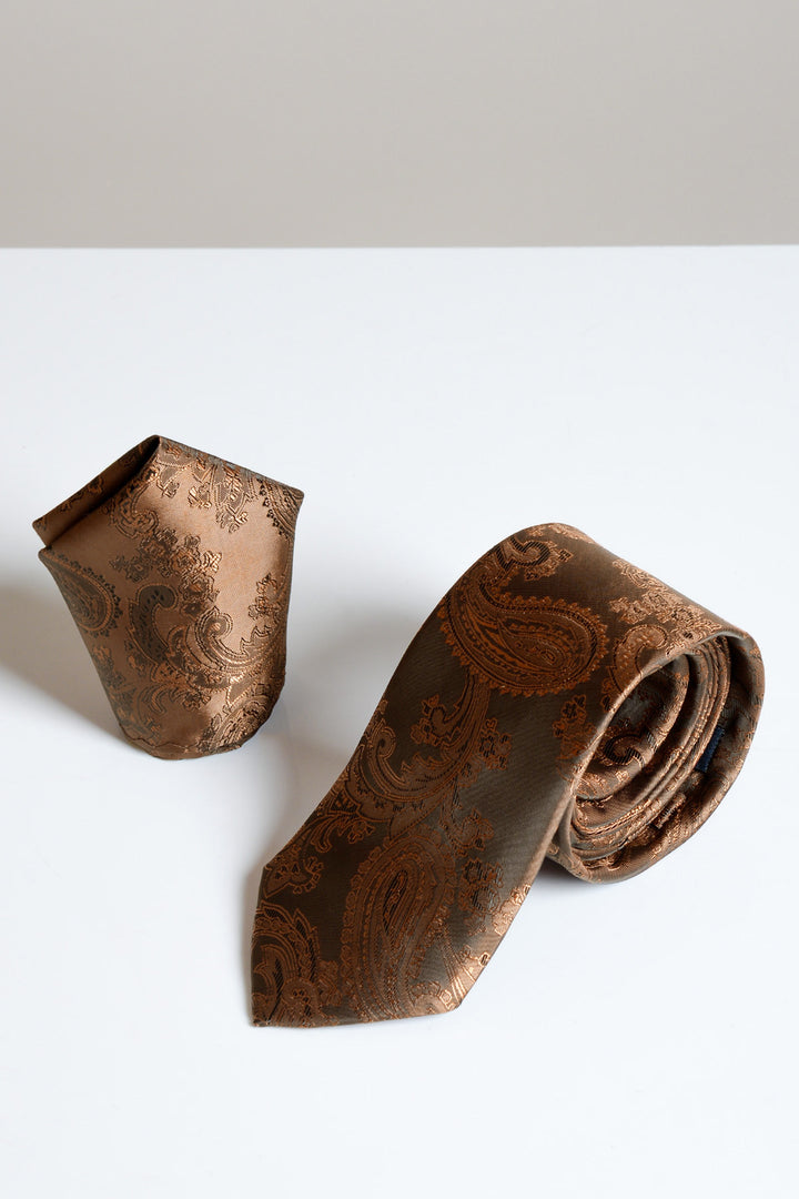Orange Brown Paisley Tie and Pocket Square Set