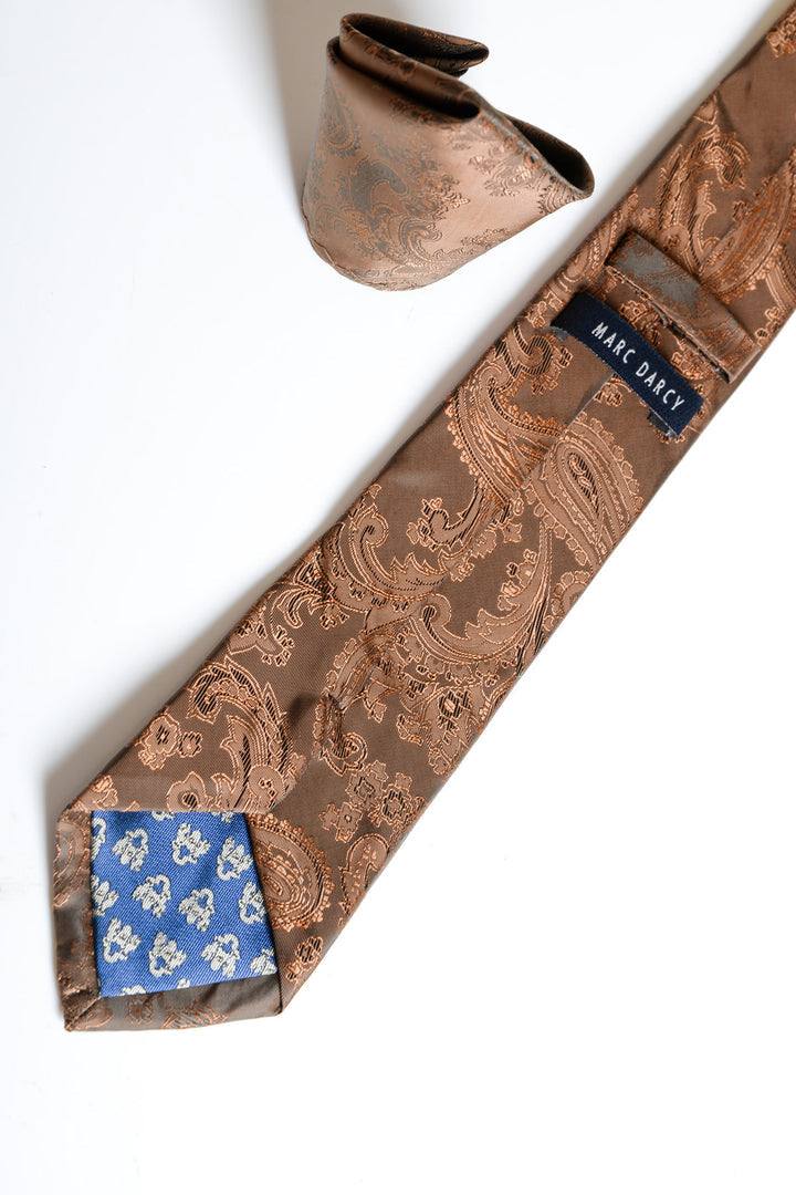 Orange Brown Paisley Tie and Pocket Square Set