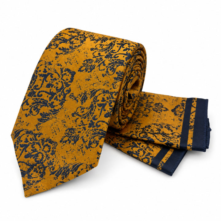 Mustard Navy Floral Tie and Pocket Square